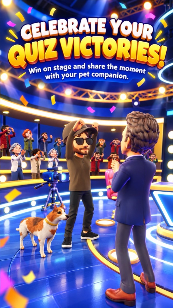 Player celebrating a quiz victory on stage with their dog