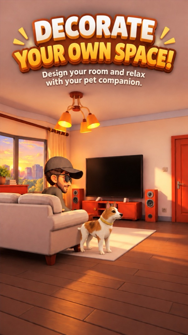 Cozy living room with sofa, TV and dog at sunset