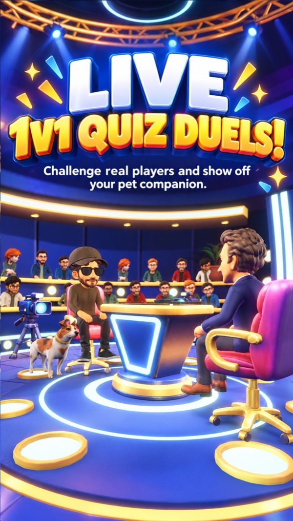 Live 1v1 quiz duel on the show stage